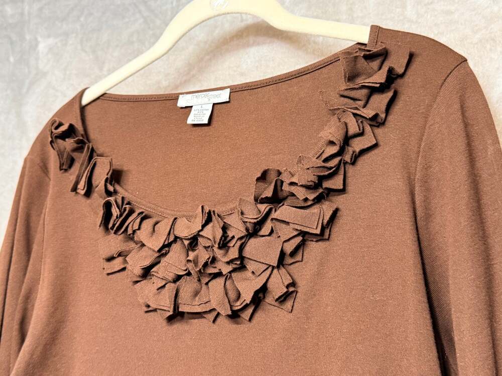 Mercer Street Studio Brown Ruffle Scoop Neck Knit Top Size Large